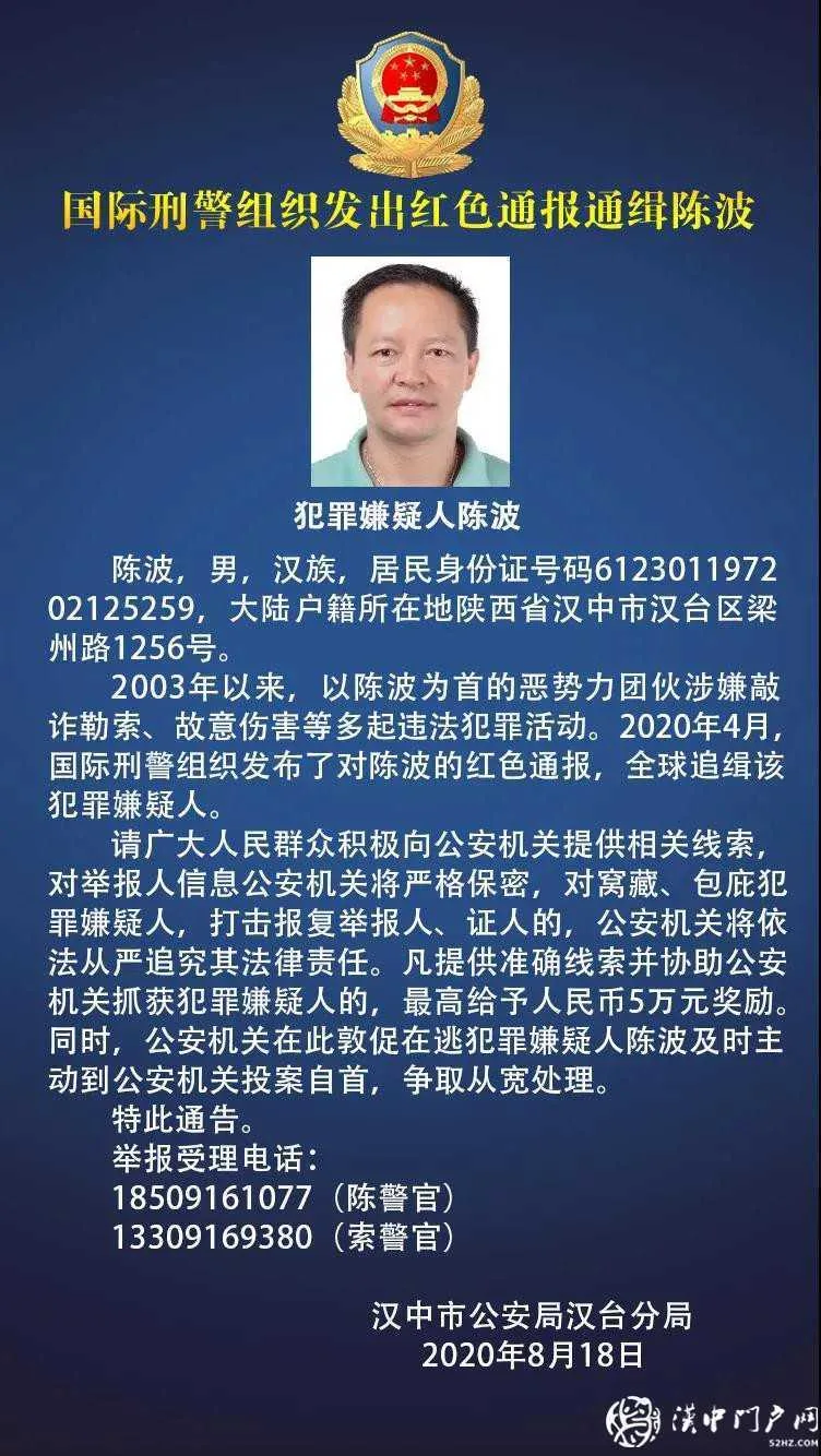 全球通缉陈波，悬赏50000元！见到他立即报警！