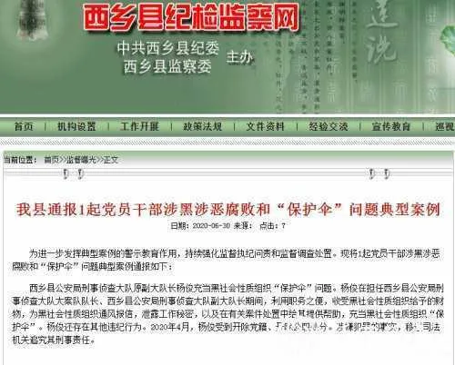 汉中西乡县公安局刑侦大队原副大队长充当“保护伞”，被“双开”