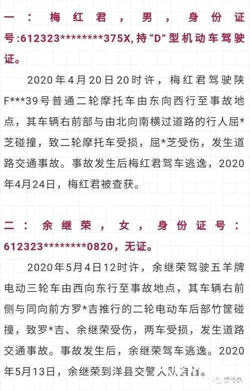 洋县4人交通肇事逃逸，被点名曝光！